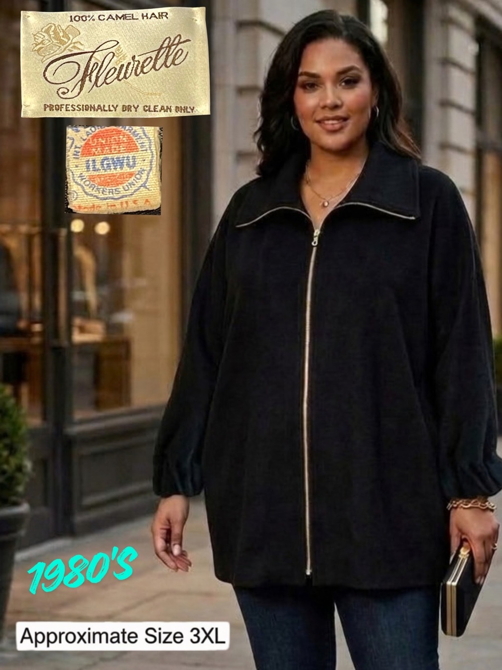 Vintage FLEURETTE 100% Camel Hair Coat Black Gold Zip Swing Jacket 3XL USA